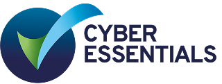 Cyber Essentials logo: blue circle emblem with a green leaf-like shape and a light-blue swoosh, next to the text CYBER ESSENTIALS.