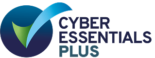 Cyber Essentials Plus logo with a blue gradient circle, green leaf shape, blue swoosh, and the text CYBER ESSENTIALS PLUS.