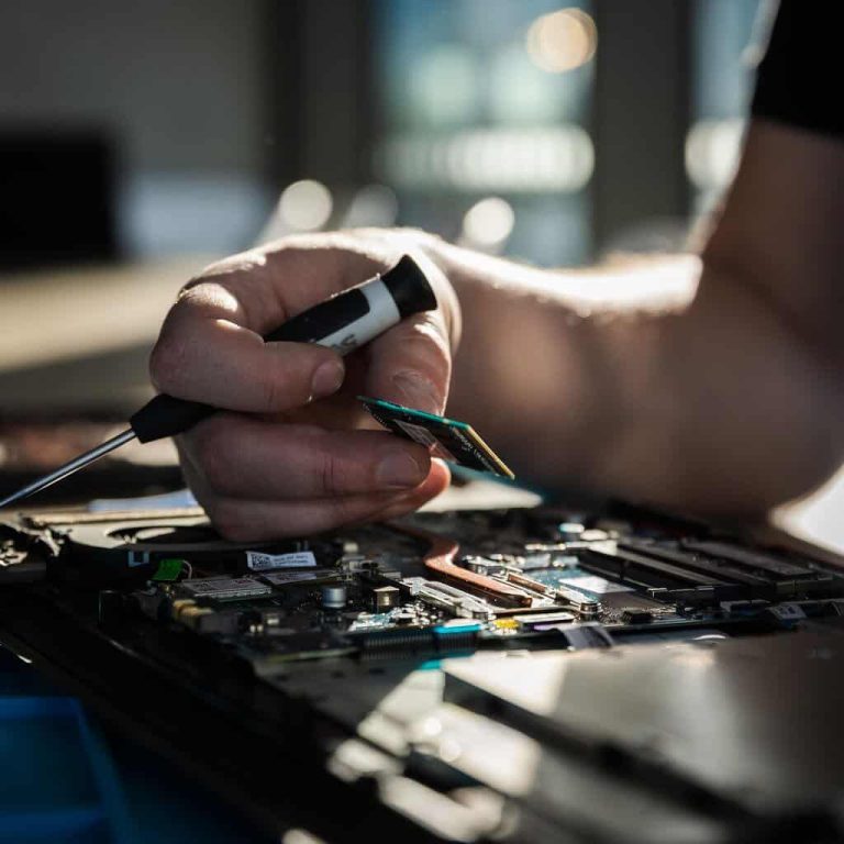 Technician repairing a laptop with precision tools in a modern workspace.
